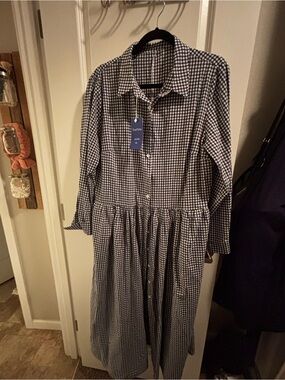 Gingham Button-Front Shirt Dress in Navy and White